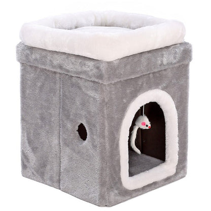 "Cozy Double-Layer Folding Pet House for Deep Sleep: Soft Fur and Fabric Cabin with Sheet and Paper Tube Construction – Ideal Comfort for Your Beloved Pets – Compact Size 31x31x42cm, Folds to 17-18cm"