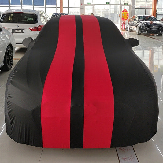 "Elastic Fabric Car Cover: Scratch and Dustproof Protection for Sedans, Coupes & SUVs, Customizable Design for Indoor Garage Use with Stylish Stripe Decoration"