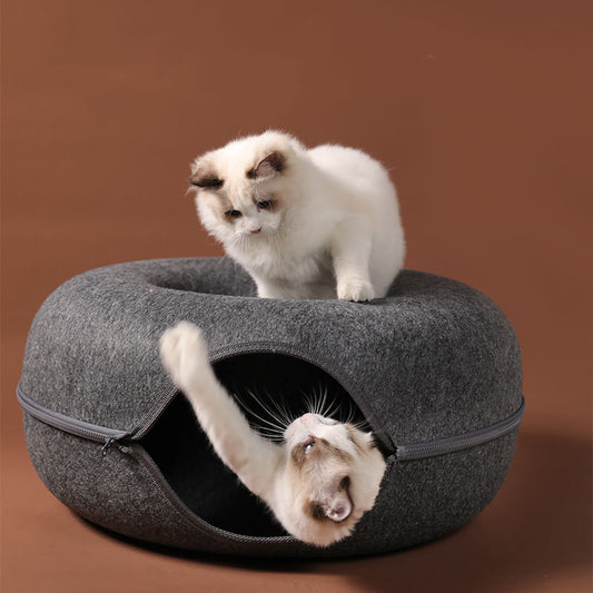 "Year-Round Comfort: The Versatile Four Seasons Cat Nest – A Round Woolen Felt Pet Retreat That Doubles as a Tunnel and Interactive Training Toy for Engaging Playtime in Stylish Grey Felt Design!"