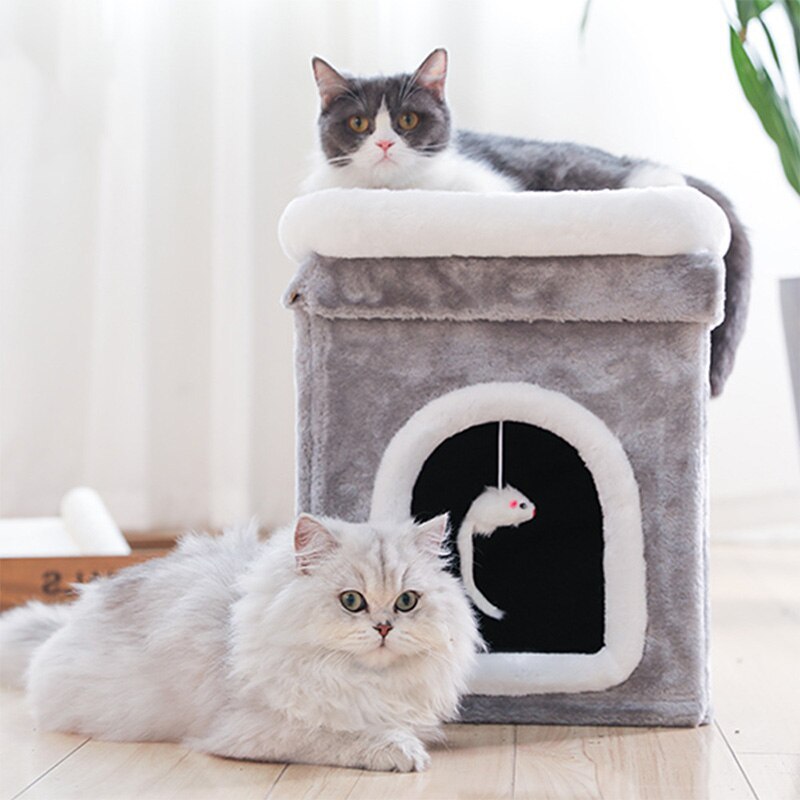 "Cozy Double-Layer Folding Pet House for Deep Sleep: Soft Fur and Fabric Cabin with Sheet and Paper Tube Construction – Ideal Comfort for Your Beloved Pets – Compact Size 31x31x42cm, Folds to 17-18cm"