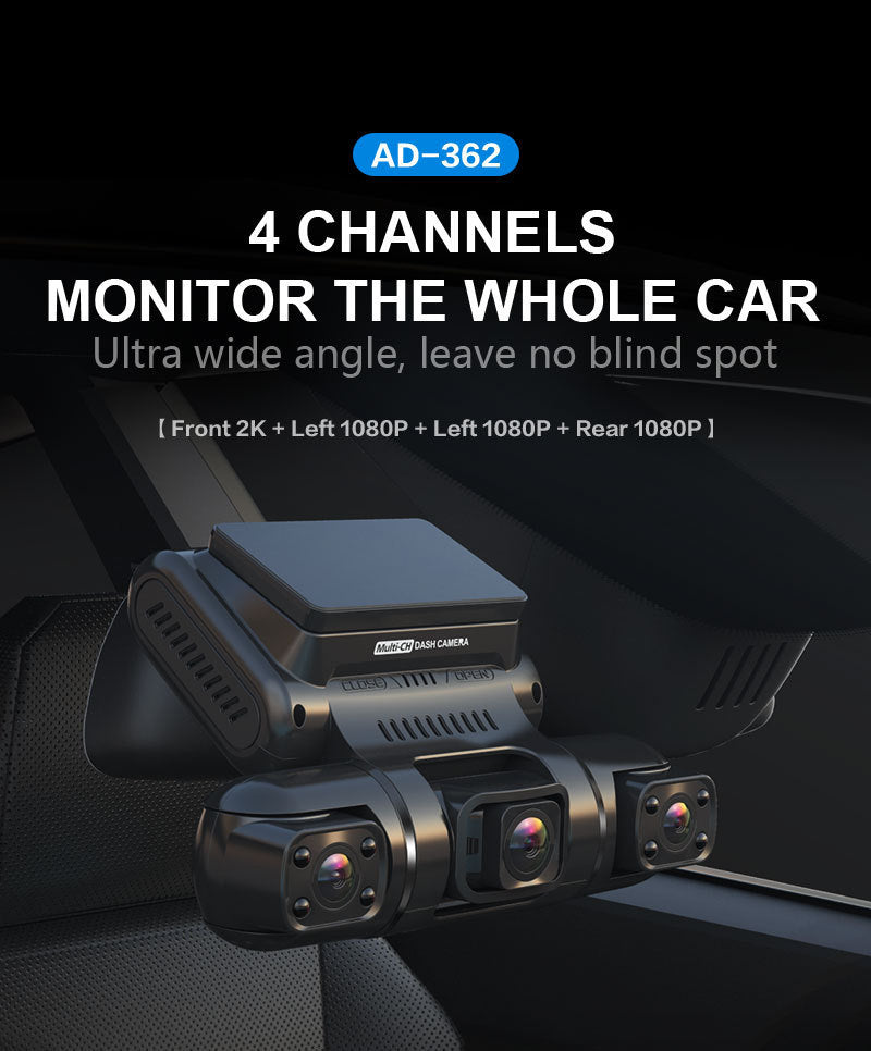 "360° 4-Channel Dash Cam | Front, Rear, Inside, Left & Right | GPS, WIFI, HD Night Vision, Ultra Wide-Angle, Full Car Coverage, 24/7 Parking Mode, No Blind Spots"