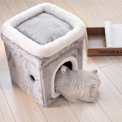 "Cozy Double-Layer Folding Pet House for Deep Sleep: Soft Fur and Fabric Cabin with Sheet and Paper Tube Construction – Ideal Comfort for Your Beloved Pets – Compact Size 31x31x42cm, Folds to 17-18cm"