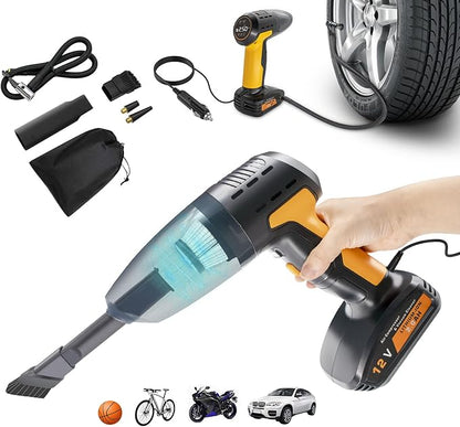 "4-in-1 Portable Tire Inflator & Air Compressor with Digital Pressure Gauge, LCD Display, and LED Light – 12V DC Pump with Built-in Mini Vacuum for Cars, Bikes, and More – Compact, Multi-Functional Design"