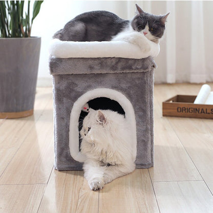 "Cozy Double-Layer Folding Pet House for Deep Sleep: Soft Fur and Fabric Cabin with Sheet and Paper Tube Construction – Ideal Comfort for Your Beloved Pets – Compact Size 31x31x42cm, Folds to 17-18cm"