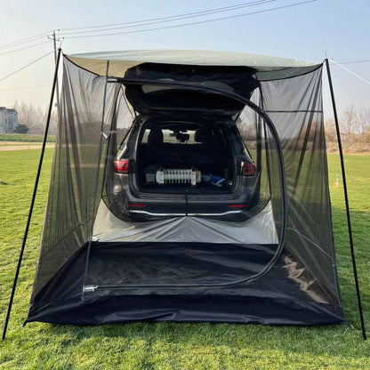 "Outdoor Self-Driving Travel Camping Tent with Multi-Person Capacity, Rain-Proof and Sunshade Features, Tailgate Extension for Barbecue & Car Trunk Protection – Ideal for Road Trips, Family Adventures, and Group Camping"