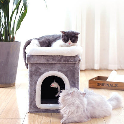 "Cozy Double-Layer Folding Pet House for Deep Sleep: Soft Fur and Fabric Cabin with Sheet and Paper Tube Construction – Ideal Comfort for Your Beloved Pets – Compact Size 31x31x42cm, Folds to 17-18cm"