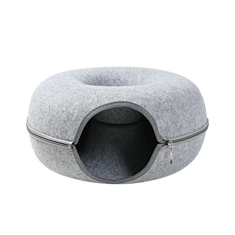 "Year-Round Comfort: The Versatile Four Seasons Cat Nest – A Round Woolen Felt Pet Retreat That Doubles as a Tunnel and Interactive Training Toy for Engaging Playtime in Stylish Grey Felt Design!"