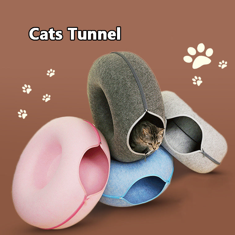 "Year-Round Comfort: The Versatile Four Seasons Cat Nest – A Round Woolen Felt Pet Retreat That Doubles as a Tunnel and Interactive Training Toy for Engaging Playtime in Stylish Grey Felt Design!"