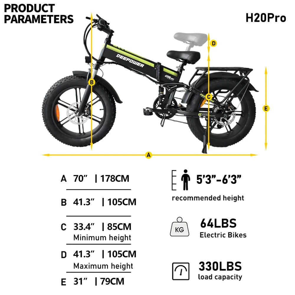 "Deepower ZPW H20Pro Electric Bicycle for Adults – 48V 25AH, 2000W Brushless Motor, 20-inch Fat Tires, Folding Mountain and Snow eBike for Off-Road Adventures, Powerful Performance, and Ultimate Mobility"