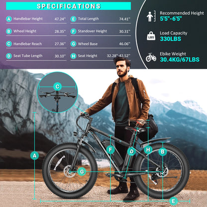 "26" x 4.0 Fat Tire Electric Bike with 500W Motor, 48V 13Ah Removable Battery, 7-Speed Gearing, 25MPH Max Speed, Cruise Control, and 50-Mile Range – Ultimate Off-Road Adventure e-Bike for All Terrains"