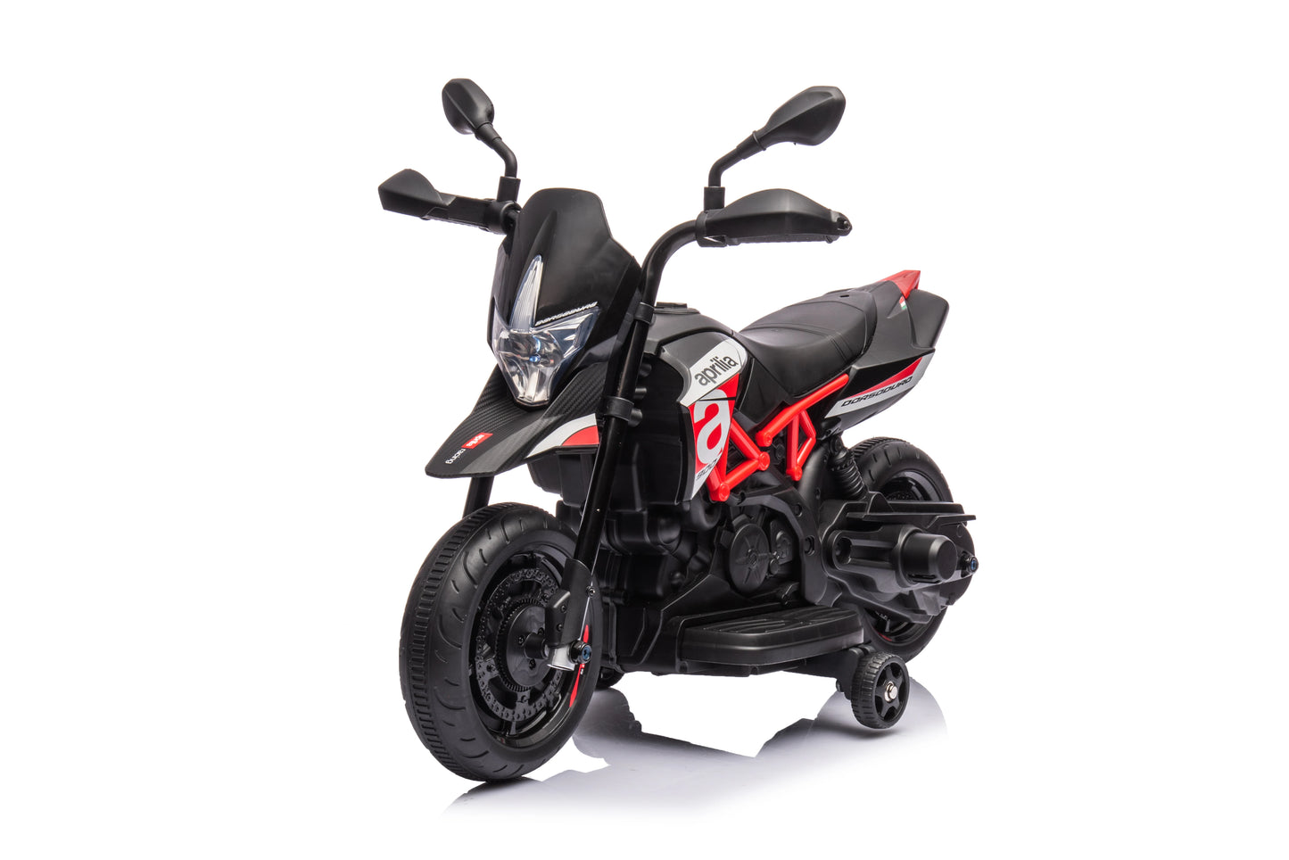 "Licensed Aprilia 12V Electric Motorcycle for Kids with Training Wheels, Spring Suspension, and Battery Powered Dirt Bike – Perfect Toy for Young Riders, Offering Safe and Exciting Outdoor Adventures for Children"