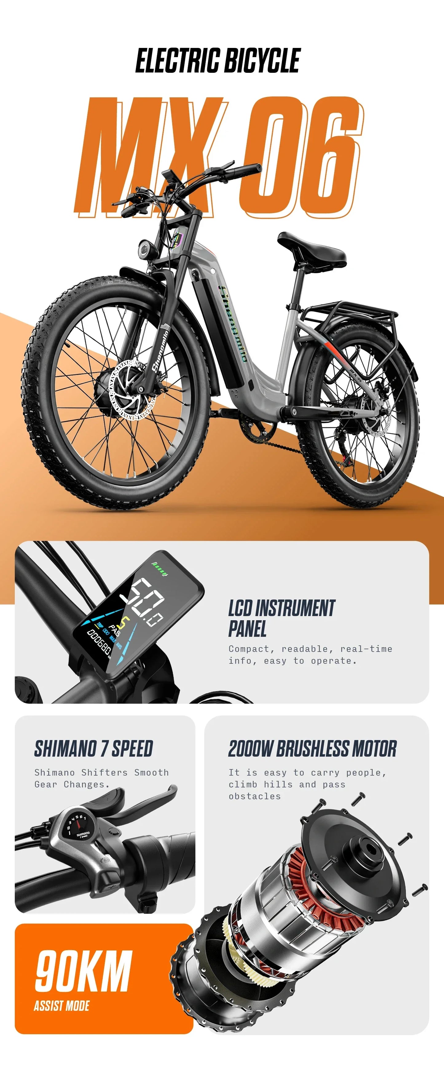 "Shengmilo MX06 Pro Electric Fat Bike – 2000W Brushless Motor, 26" Wheels, 48V 17.5Ah Battery, 31-60 km Range, Luxury Aluminum Alloy Frame, Dual Seat, Max Speed 50 km/h – Powerful, Efficient E-Bike for Adventure"