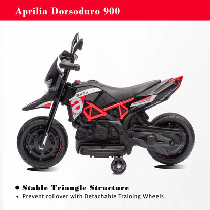 "Licensed Aprilia 12V Electric Motorcycle for Kids with Training Wheels, Spring Suspension, and Battery Powered Dirt Bike – Perfect Toy for Young Riders, Offering Safe and Exciting Outdoor Adventures for Children"