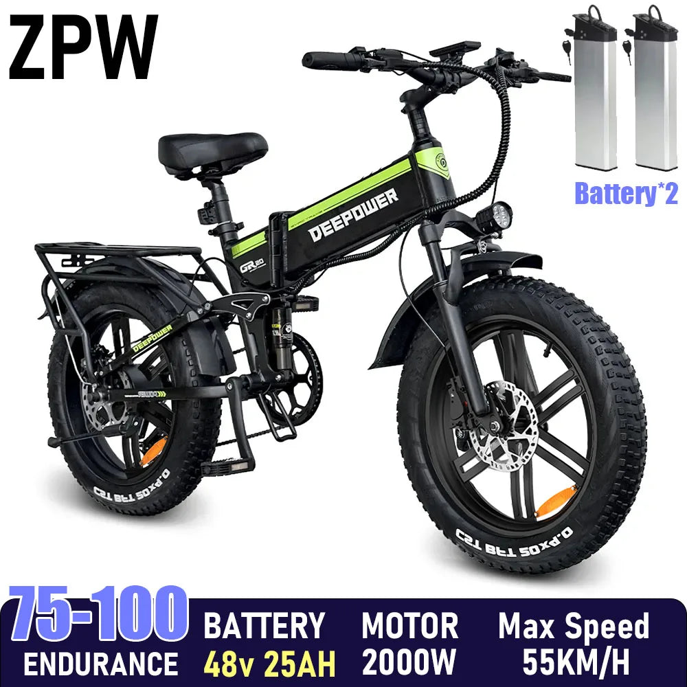 "Deepower ZPW H20Pro Electric Bicycle for Adults – 48V 25AH, 2000W Brushless Motor, 20-inch Fat Tires, Folding Mountain and Snow eBike for Off-Road Adventures, Powerful Performance, and Ultimate Mobility"