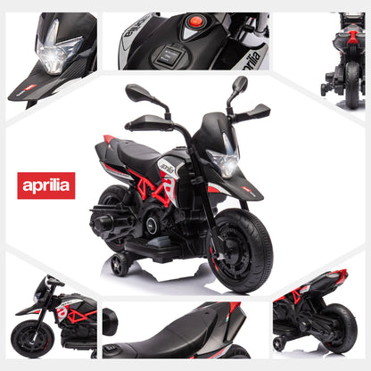 "Licensed Aprilia 12V Electric Motorcycle for Kids with Training Wheels, Spring Suspension, and Battery Powered Dirt Bike – Perfect Toy for Young Riders, Offering Safe and Exciting Outdoor Adventures for Children"