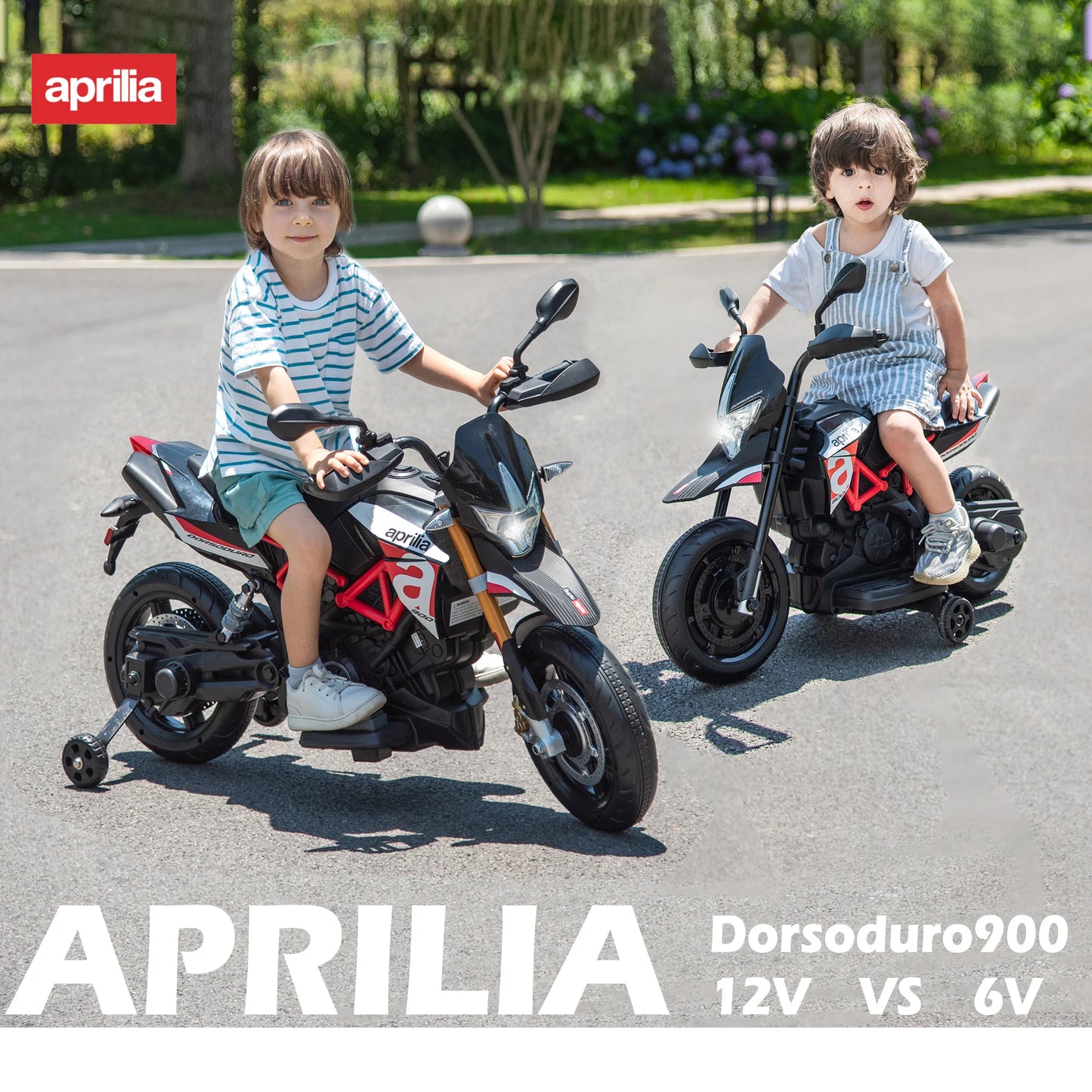 "Licensed Aprilia 12V Electric Motorcycle for Kids with Training Wheels, Spring Suspension, and Battery Powered Dirt Bike – Perfect Toy for Young Riders, Offering Safe and Exciting Outdoor Adventures for Children"