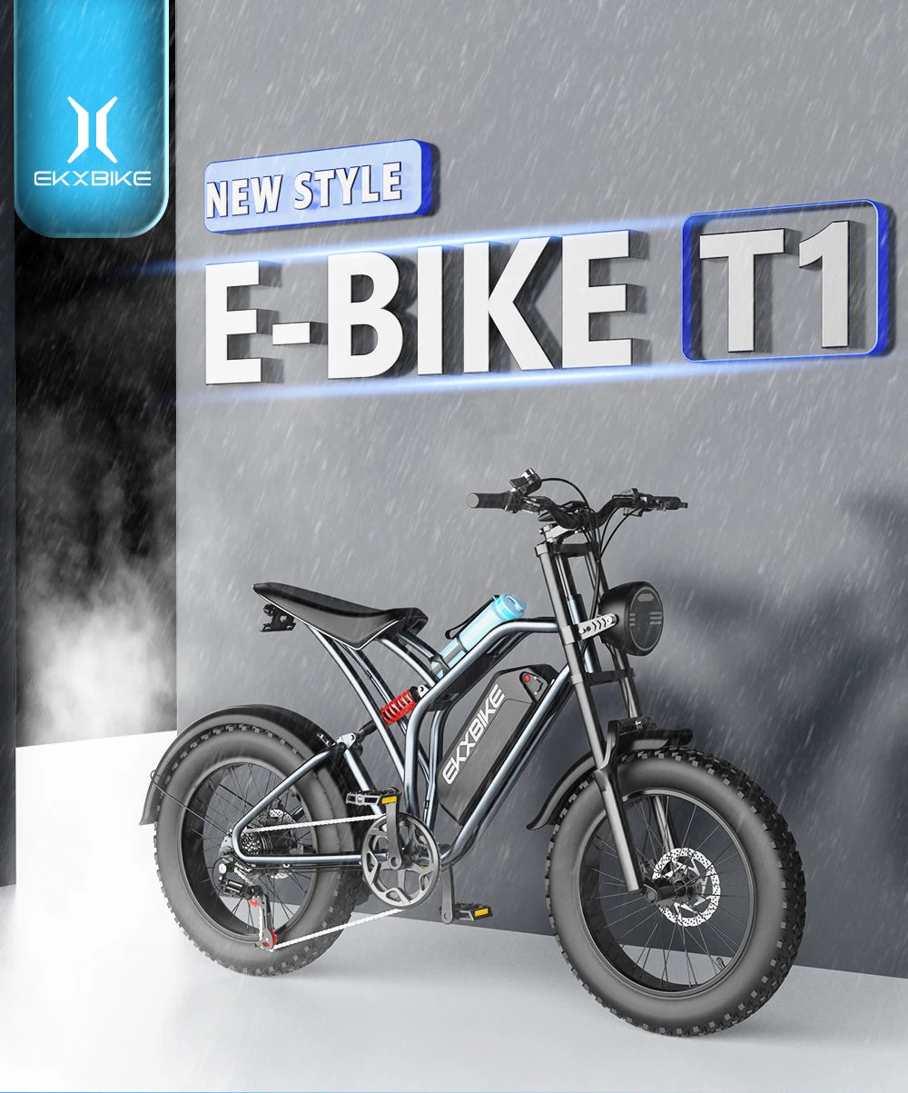 "EKX T1 Electric Bicycle 20*4.0 Fat Tires, 1000W Motor, 48V 20AH Lithium Battery, Waterproof Design, and Powerful Road and Mountain E-Bike for Adults – Ultimate All-Terrain Electric Bike for Adventure and Commuting"