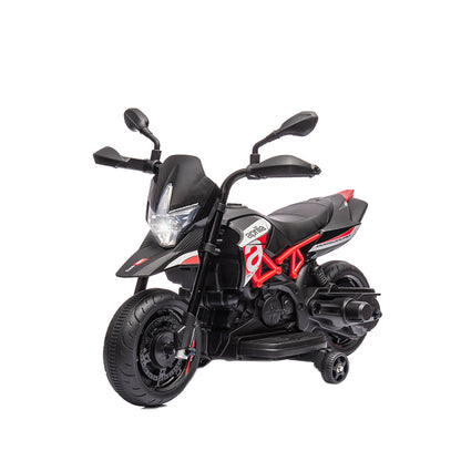 "Licensed Aprilia 12V Electric Motorcycle for Kids with Training Wheels, Spring Suspension, and Battery Powered Dirt Bike – Perfect Toy for Young Riders, Offering Safe and Exciting Outdoor Adventures for Children"