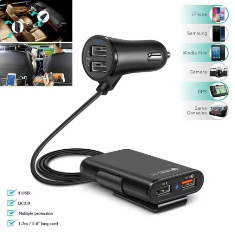 "Cars Charger Accessories Set: 4-Port USB Hub, 1.7m Extension Cable, Fast Charging, Foldable Bluetooth Selfie Stick, Mini Tripod for Phones"