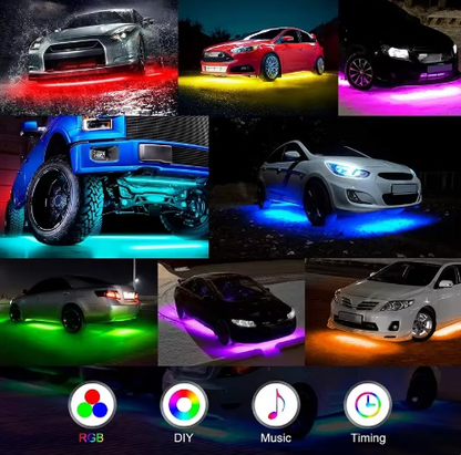 "Dynamic LED Under Glow Lights Kit for Cars: Customizable Neon Strip Lights with Music Sync, 7 Scene Modes, Waterproof Design for Trucks and SUVs – Bright DIY Lighting Solution!"