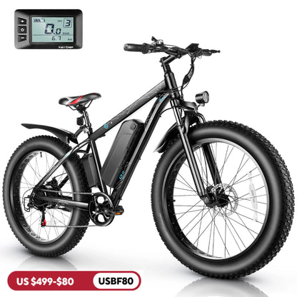 "26" x 4.0 Fat Tire Electric Bike with 500W Motor, 48V 13Ah Removable Battery, 7-Speed Gearing, 25MPH Max Speed, Cruise Control, and 50-Mile Range – Ultimate Off-Road Adventure e-Bike for All Terrains"