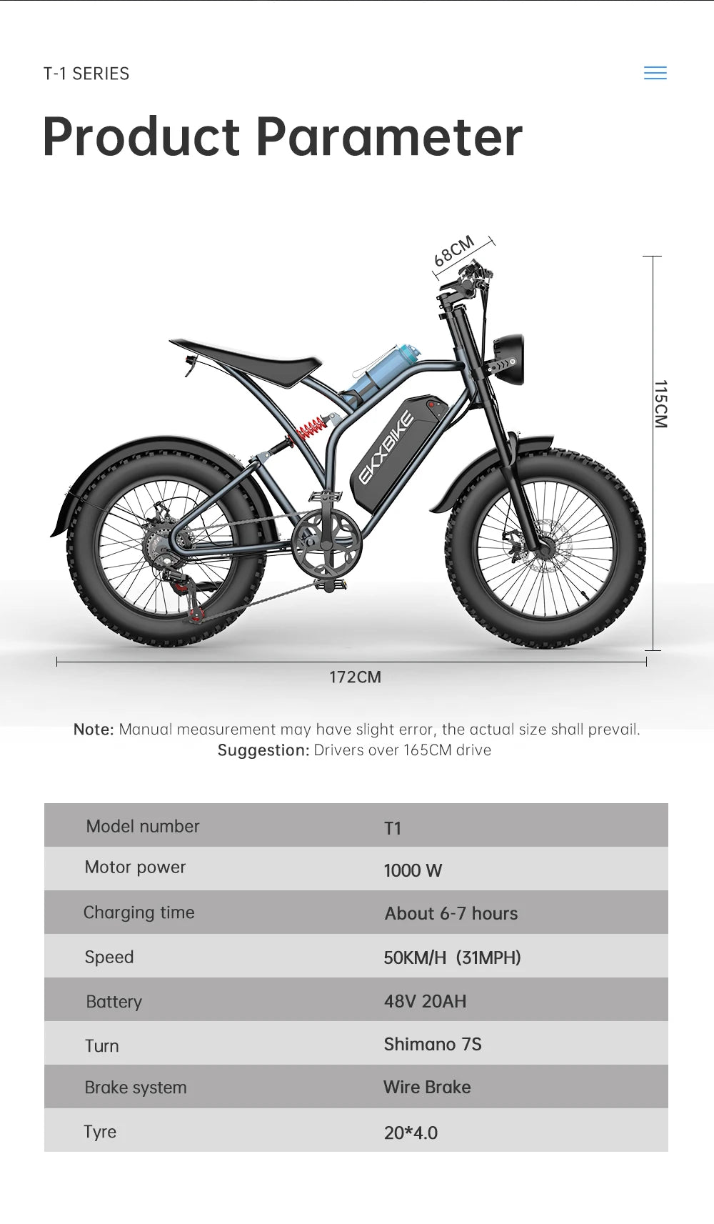 "EKX T1 Electric Bicycle 20*4.0 Fat Tires, 1000W Motor, 48V 20AH Lithium Battery, Waterproof Design, and Powerful Road and Mountain E-Bike for Adults – Ultimate All-Terrain Electric Bike for Adventure and Commuting"