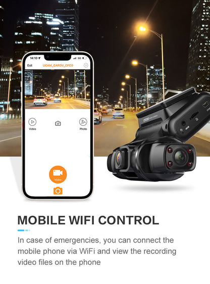 "360° 4-Channel Dash Cam | Front, Rear, Inside, Left & Right | GPS, WIFI, HD Night Vision, Ultra Wide-Angle, Full Car Coverage, 24/7 Parking Mode, No Blind Spots"