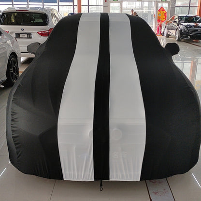 "Elastic Fabric Car Cover: Scratch and Dustproof Protection for Sedans, Coupes & SUVs, Customizable Design for Indoor Garage Use with Stylish Stripe Decoration"