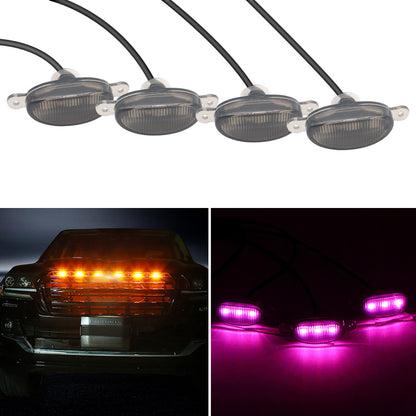 "Universal 4-Piece LED Car Front Hood Grille Lighting Lamp – Amber Running Light with App Control, Waterproof Design, and 12V Auto Strobe Feature for Enhanced Visibility and Style on Your Vehicle"