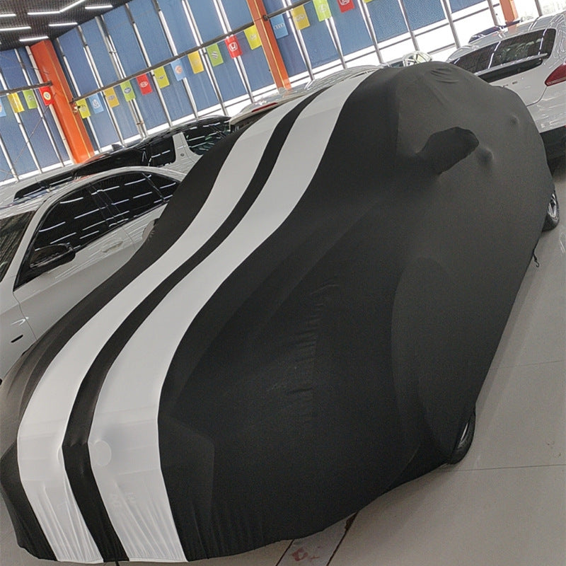 "Elastic Fabric Car Cover: Scratch and Dustproof Protection for Sedans, Coupes & SUVs, Customizable Design for Indoor Garage Use with Stylish Stripe Decoration"