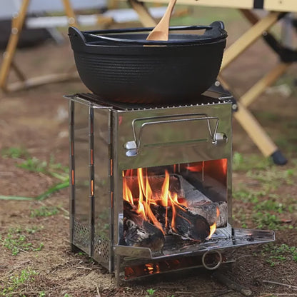 "Portable Mini Outdoor Firewood Stove for Camping, Cooking, and Picnics – Foldable Square Steel Grill for Travel, Charcoal Use, Compact Design for Easy Storage, Lightweight and Durable Outdoor Cooking Solution"