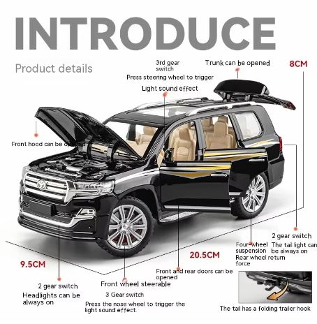 "Land Cruiser Model Alloy Pull-Back Off-Road Vehicle with Sound and Light Features – Durable and Realistic Car Model for Kids, Perfect for Play, Collecting, and as a Unique Gift for Young Adventurers"